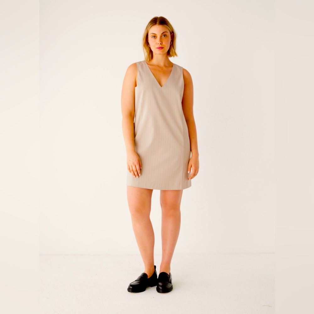 The Pinstriped Pinafore Dress in Oxford Tan Frank and Oak NWOT Size L